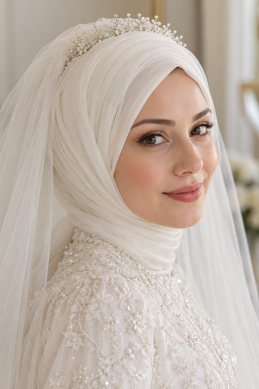 Yüzünün çevresine oval biçimde bağlanmış fildişi tül ve şifon başlıklı gelin. Başında ince taşlı taç, taçtan omuzlarına inen uzun tül duvak.